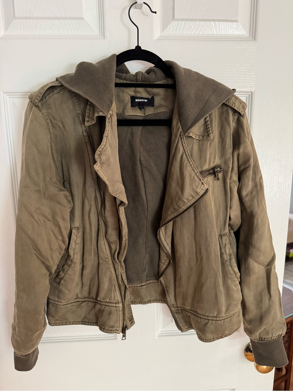 Monrow Olive Hooded MotoJacket, Shirt Jacket with Ribbed Trim